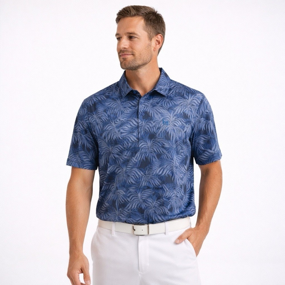 Travis Mathew Polo Shirt Mens Large Palm Leaf Print Pima‎ Cotton Golf Casual AOP